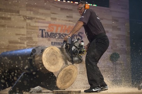 Jason Wynyard of New Zealand performs during the single competition at the STIHL TIMBERSPORTS® World Championship in Poznan, Poland on November 14, 2015.